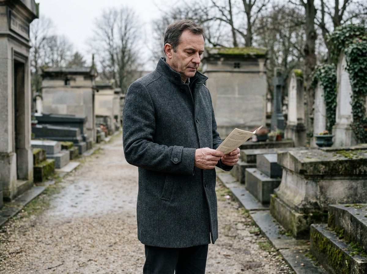 Homme tenant un document de planification funéraire dans une allée de cimetière français, moment de recueillement serein