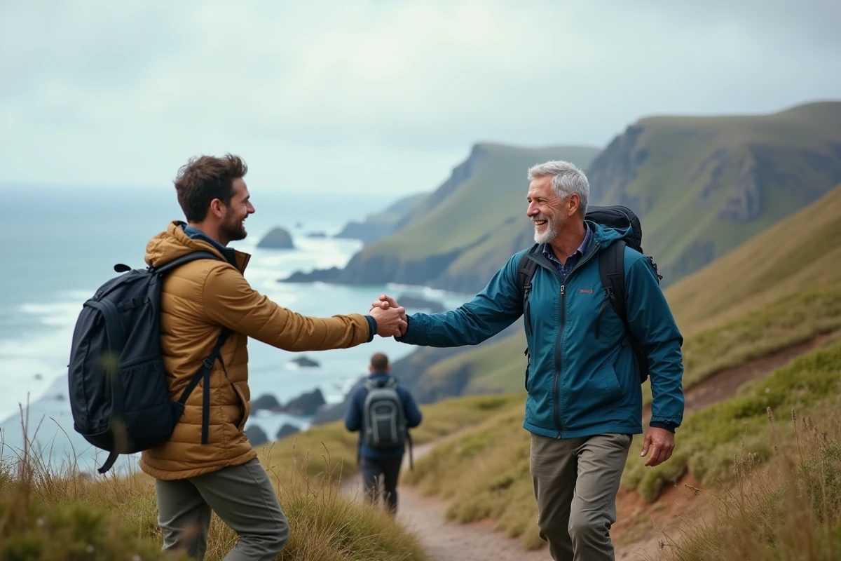 Homme en randonnée au sommet avec vue sur la mer et falaises