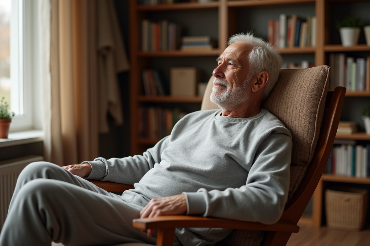 Homme âgé dans un coin lecture avec coussin chauffant derrière le dos