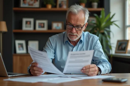 Homme d age en bureau à domicile examinant des papiers de retraite