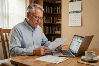 Homme de 60 ans qui examine ses documents de retraite Agirc-Arrco à la table de sa cuisine avec un ordinateur portable