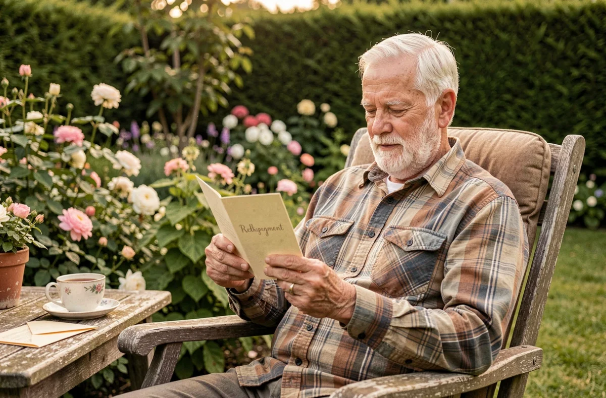 Homme retraité lisant une carte de félicitations pour sa retraite dans un jardin fleuri
