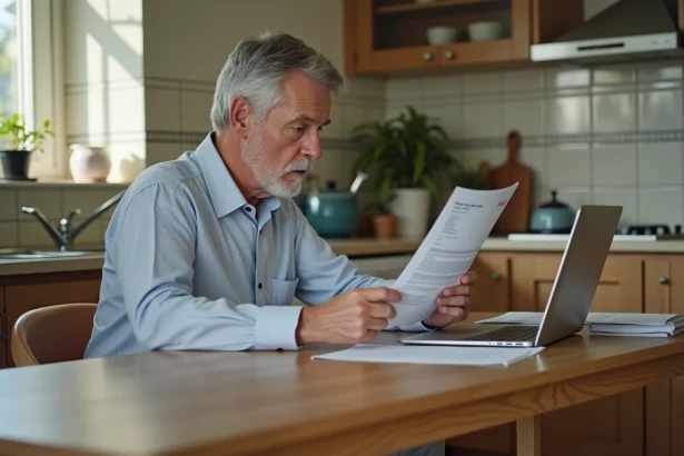 Homme d'âge moyen examinant des documents de pension à la maison