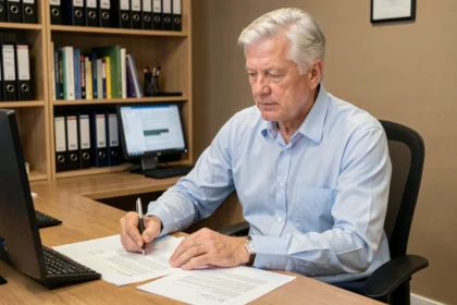 Homme senior rédigeant sa lettre de départ à la retraite à son bureau de travail