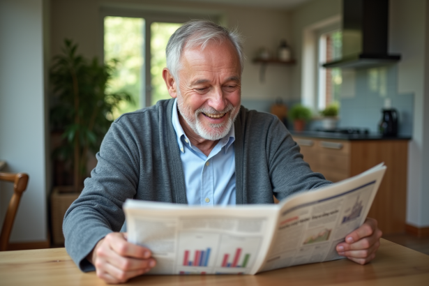 Homme senior souriant lisant un journal financier à la maison