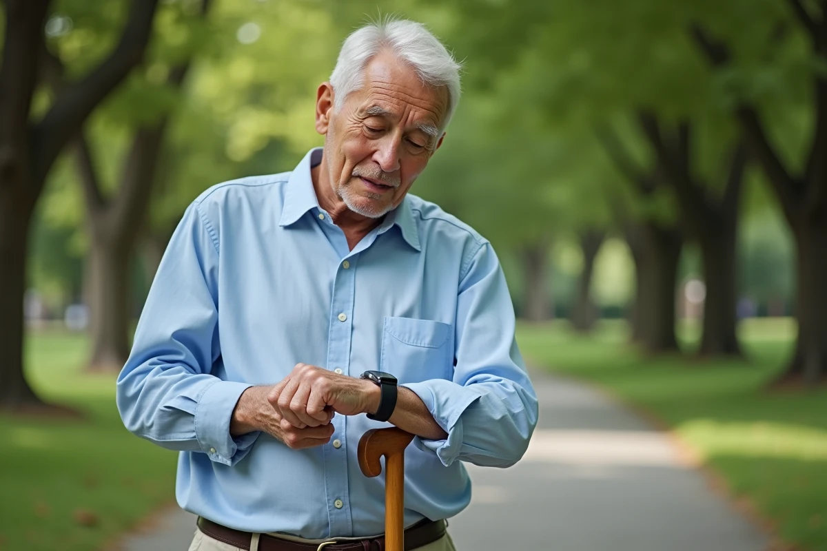 Homme senior consultant sa montre connectée en se promenant dans un parc
