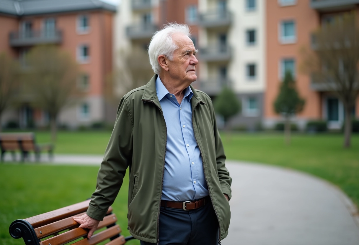 Homme âgé contemplant dans un parc urbain