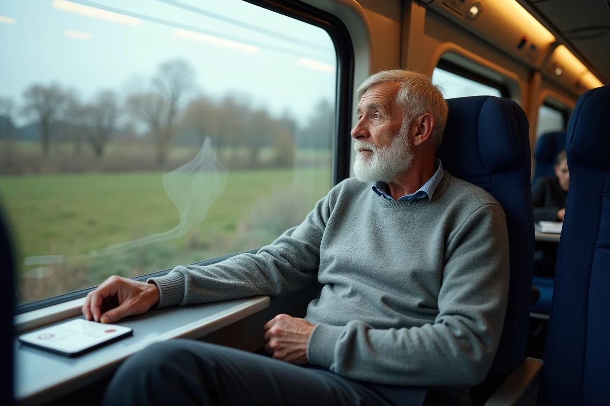 Homme senior assis dans un TGV regardant le paysage avec son billet de train posé sur la tablette