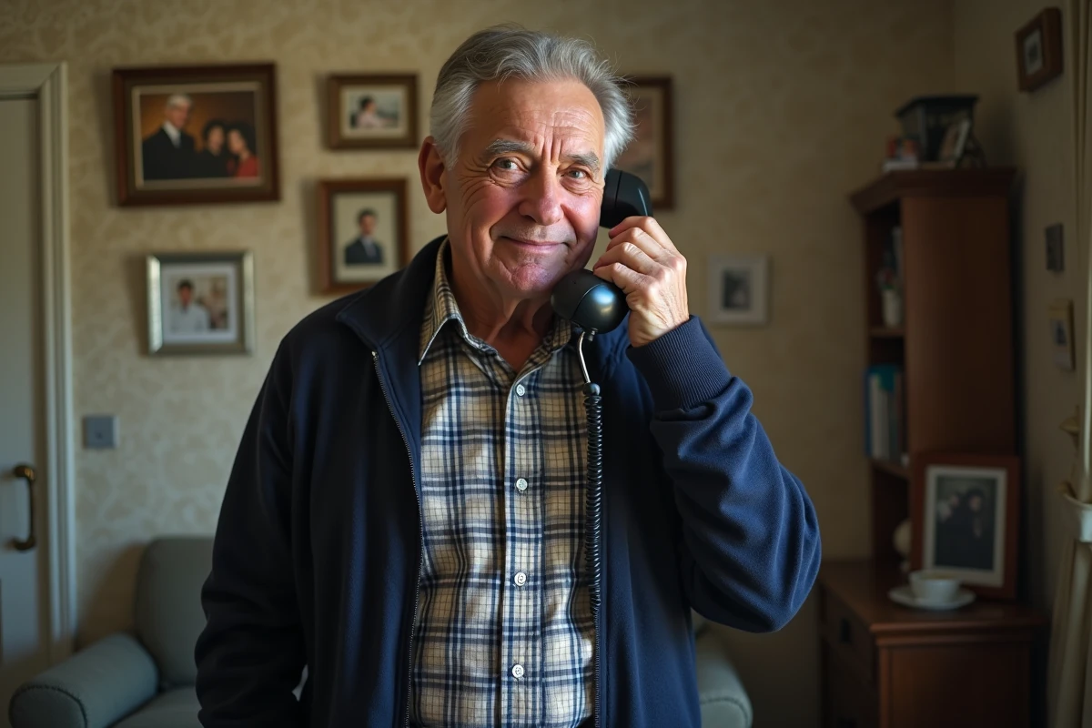 Homme âgé utilisant un téléphone fixe dans un salon nostalgique