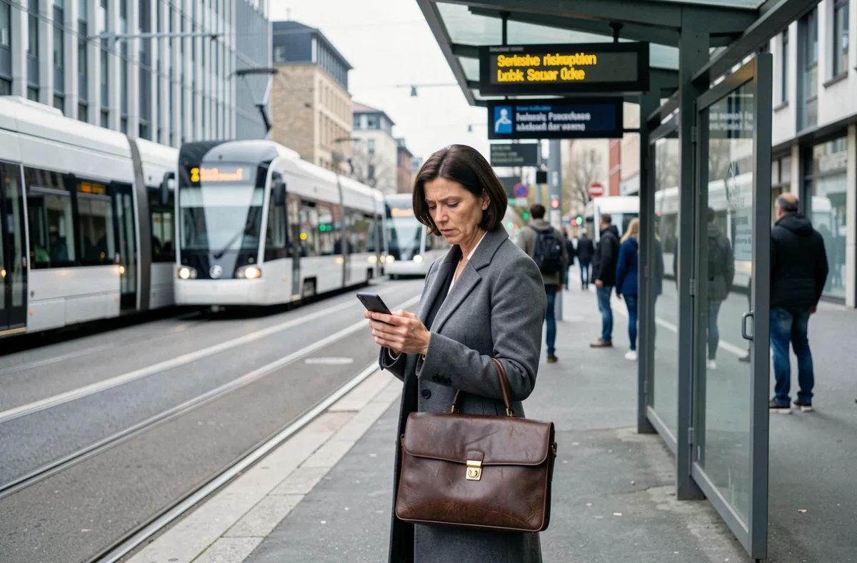Femme cadre attendant dans une ville paralysée par une grève des transports en commun lors d'un mouvement reconductible