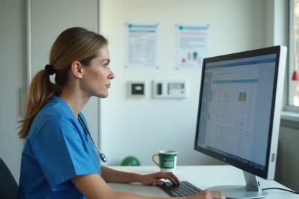 Infirmière saisissant des données patient dans un logiciel de soins NETSoins DomusVi à un poste de travail clinique