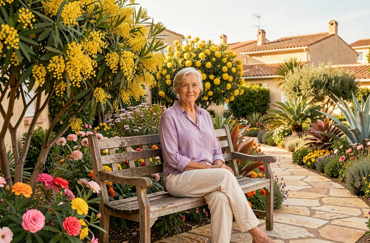 Femme senior paisible assise dans le jardin fleuri de mimosas et de plantes méditerranéennes de la résidence Les Jardins d'Arcadie à Bormes-les-Mimosas