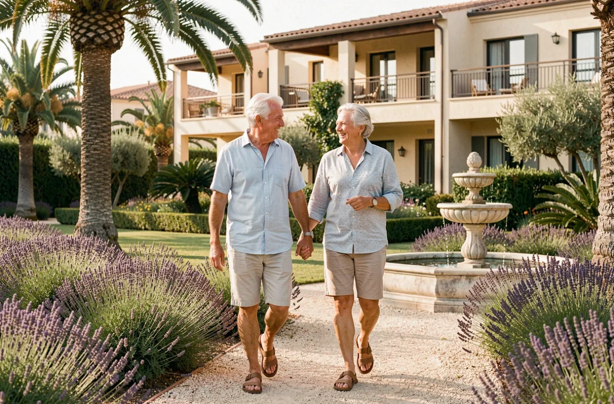 Couple de seniors se promenant dans les jardins soignés de la résidence Les Jardins d'Arcadie à Cogolin, près de Saint-Tropez