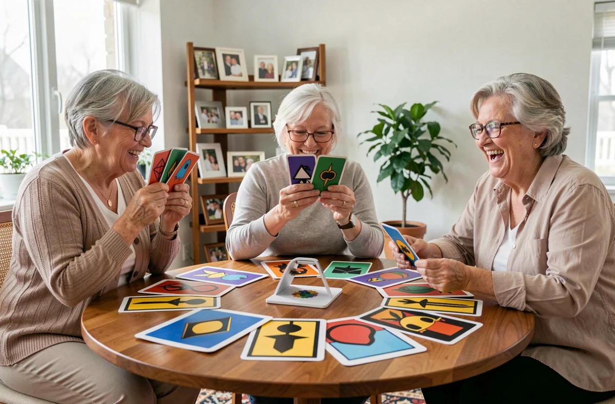 Groupe de femmes seniors jouant à un jeu de cartes adapté aux malvoyants avec grandes cartes à forts contrastes dans un appartement lumineux
