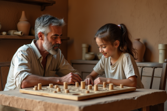 Homme et jeune fille jouent au jeu senet sur un plateau ancien