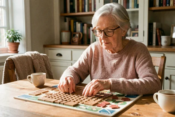 Femme senior malvoyante jouant à un jeu de société adapté avec pièces tactiles et grands caractères sur une table en bois