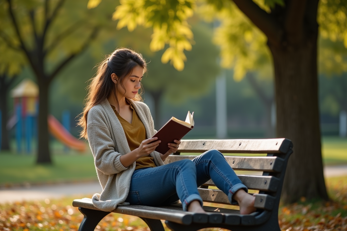 Jeune femme lisant dans un parc en automne