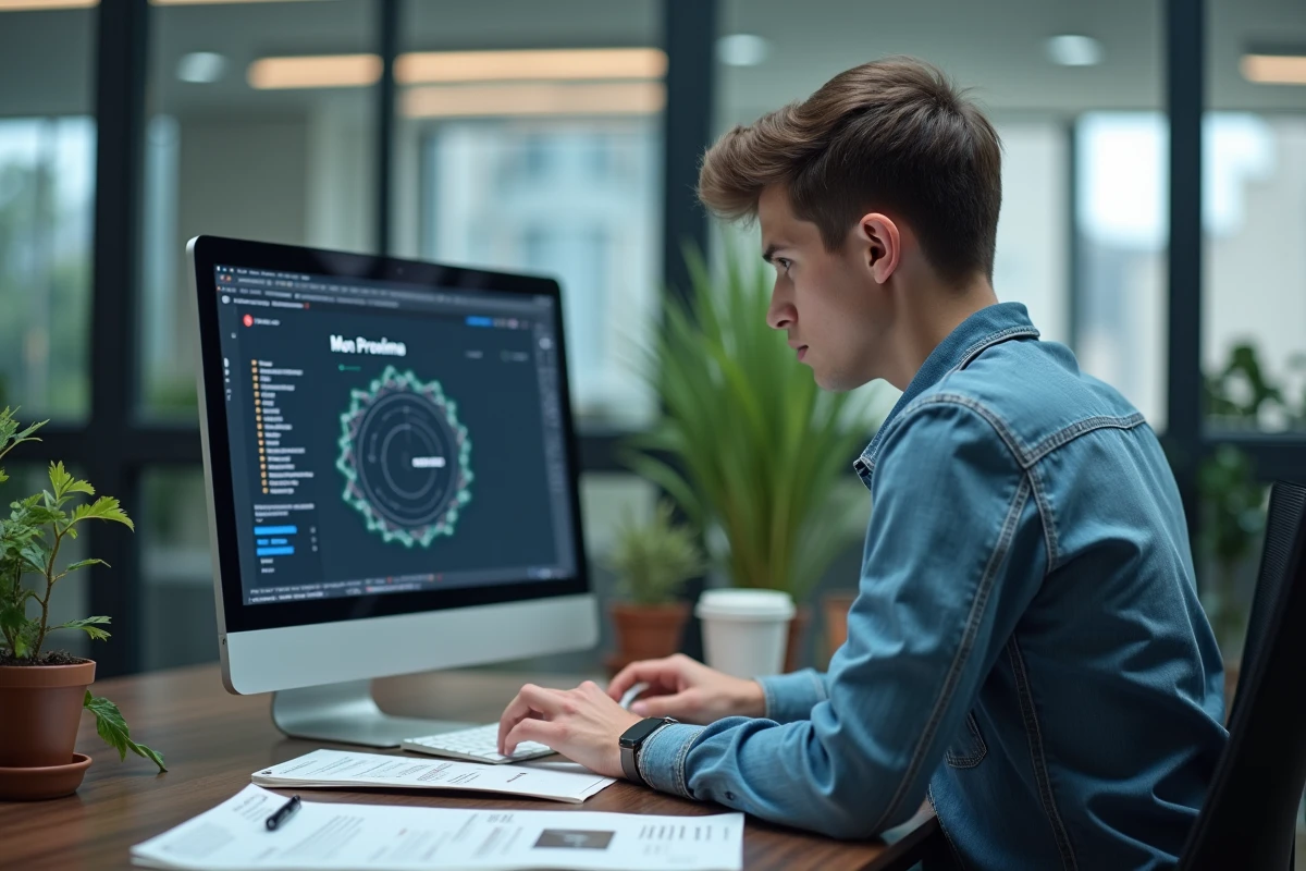 Jeune homme utilisant un ordinateur portable dans un bureau organisé