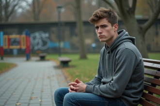 Jeune homme en hoodie gris assis seul sur un banc de parc urbain