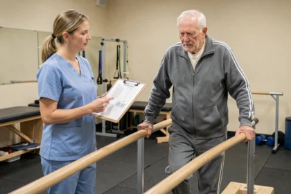 Kinésithérapeute évaluant la marche d'un patient âgé avec un formulaire Tinetti en rééducation
