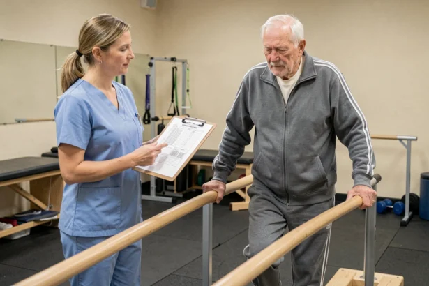 Kinésithérapeute évaluant la marche d'un patient âgé avec un formulaire Tinetti en rééducation