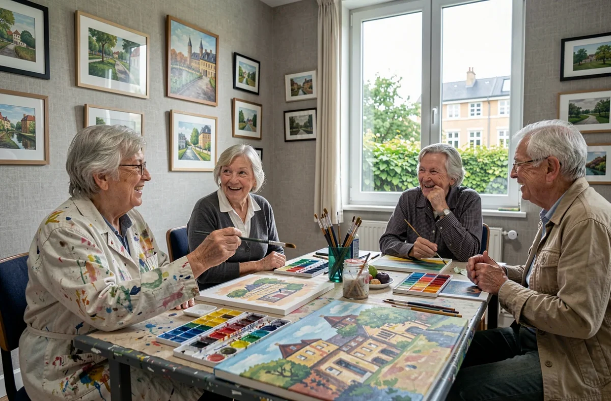 Résidents âgés lors d'un atelier peinture artistique à la résidence Les Artistes de Batignolles