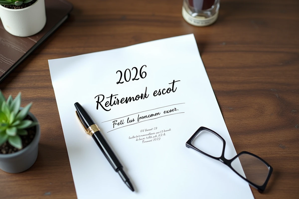 Lettre de départ à la retraite manuscrite posée sur un bureau avec stylo plume en 2026