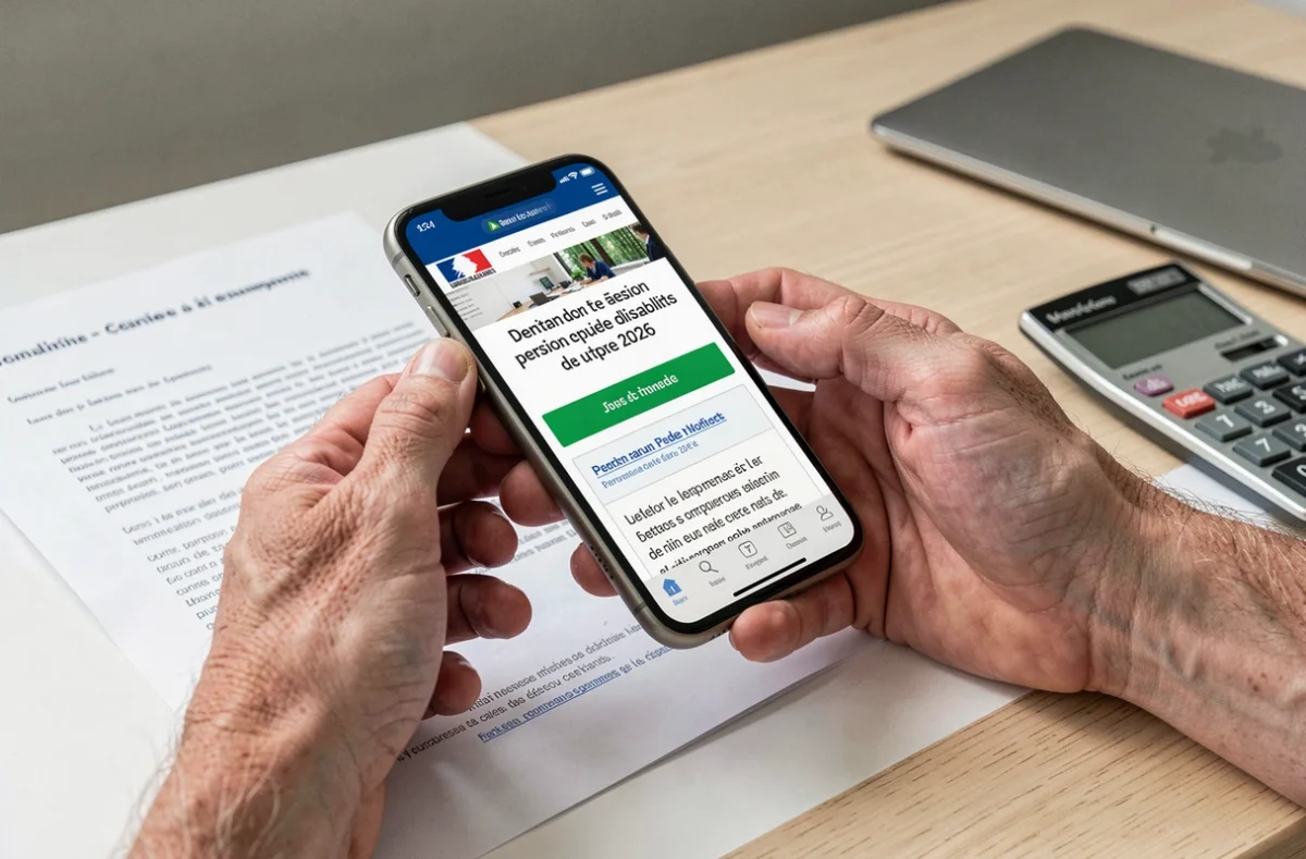 Mains d'une personne en invalidité consultant les informations sur la revalorisation de pension avril 2026 sur un site gouvernemental via smartphone