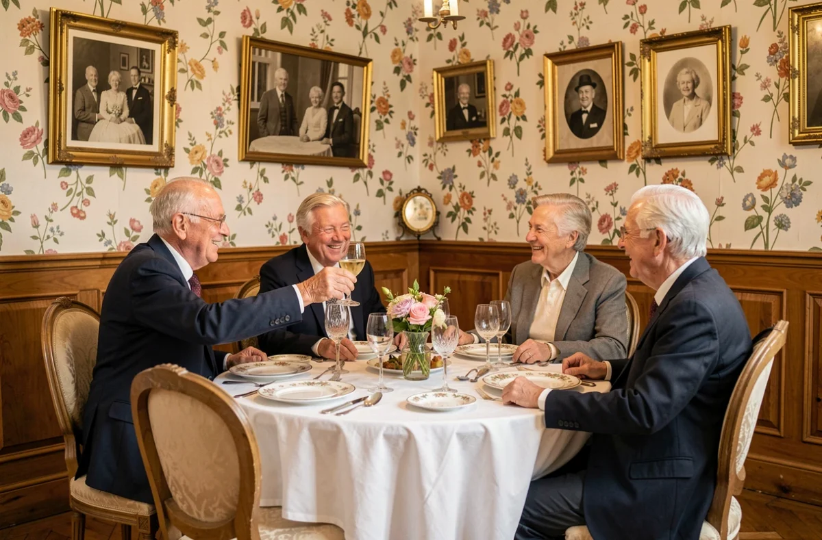 Repas convivial entre résidents dans la salle à manger élégante de la Maison de Famille Villa Lecourbe