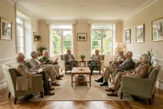 Salle commune chaleureuse d'une maison de retraite en Île-de-France avec des résidents âgés en conversation