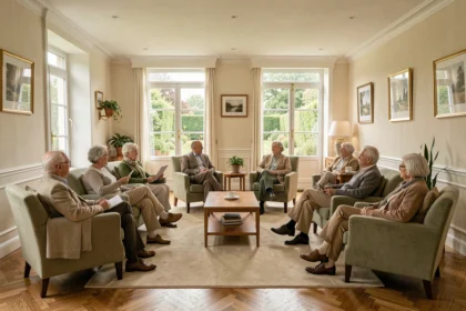 Salle commune chaleureuse d'une maison de retraite en Île-de-France avec des résidents âgés en conversation