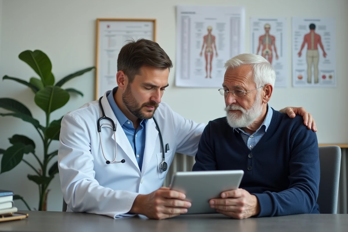 Medecin et senior discutent des resultats sur une tablette en cabinet