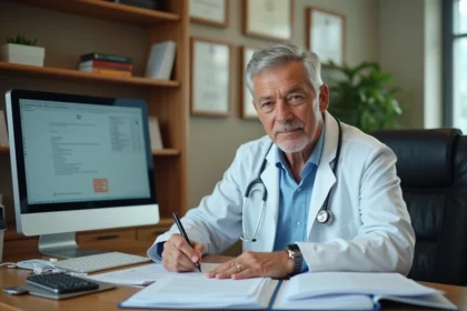 Médecin généraliste rédigeant une ordonnance médicale pour un fauteuil releveur remboursé par la Sécurité sociale