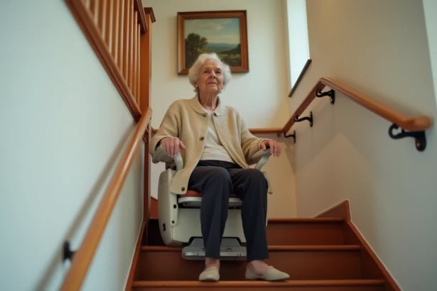Femme âgée assise sur un monte escalier autonome dans un immeuble résidentiel, solution temporaire face à un ascenseur en panne