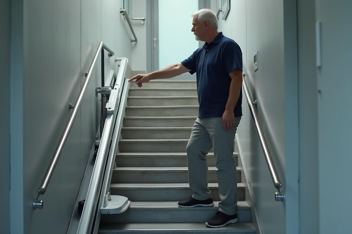 Homme présentant un monte escalier portable installé sans travaux dans une cage d'escalier d'immeuble moderne, alternative à l'ascenseur