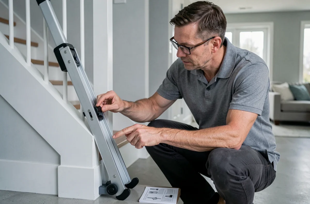 Homme examinant le mécanisme d'un monte-escalier portable sur un escalier moderne dans un intérieur contemporain
