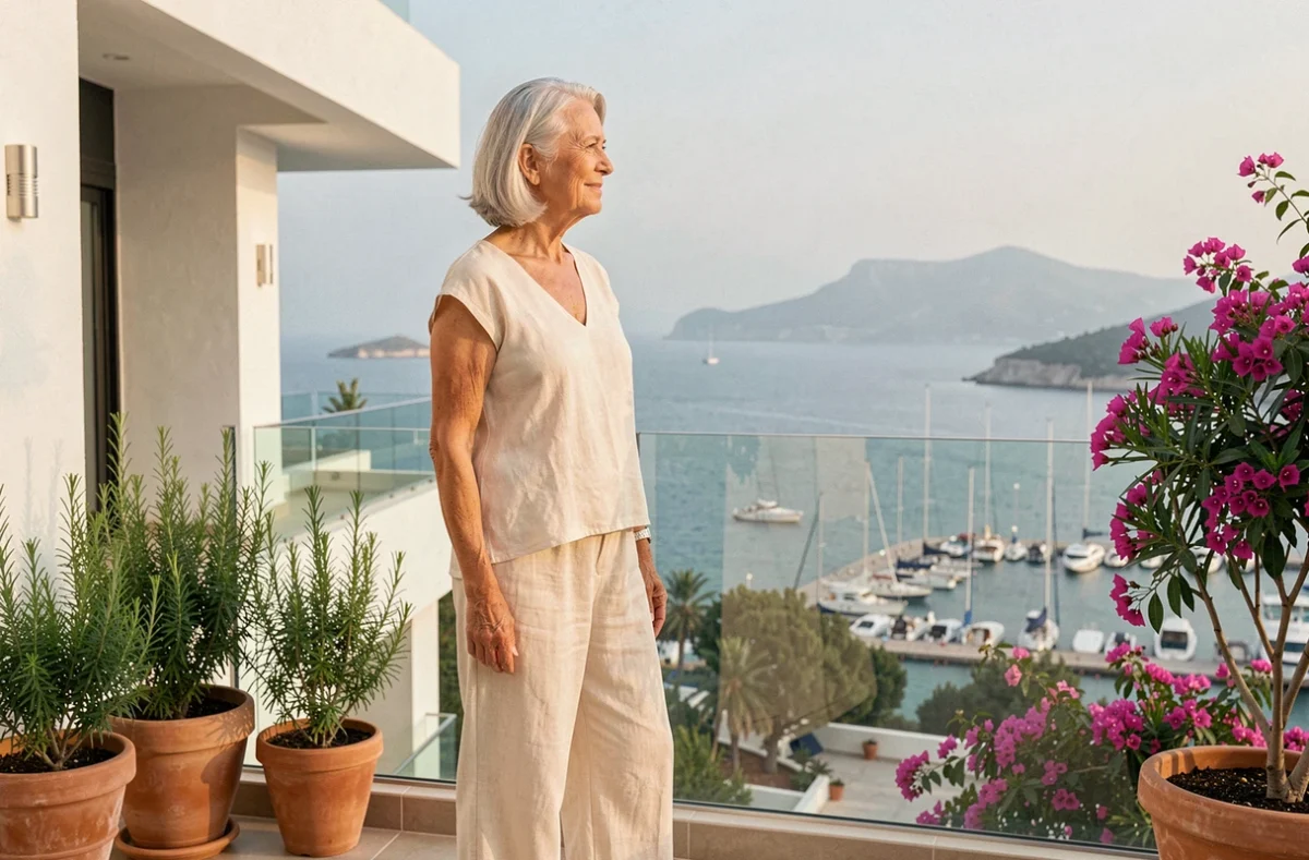 Femme senior sur le balcon de la résidence Ovelia La Villa Marina à Fréjus avec vue sur la marina et la mer Méditerranée