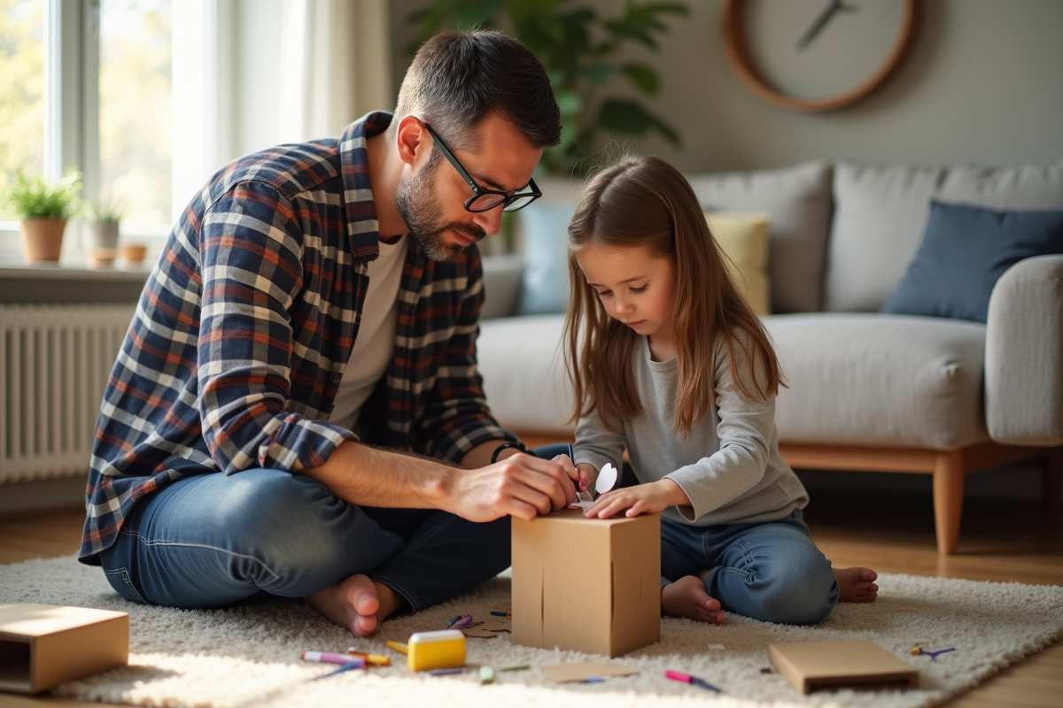 Père aidant sa fille à coller des formes en papier sur un projet créatif