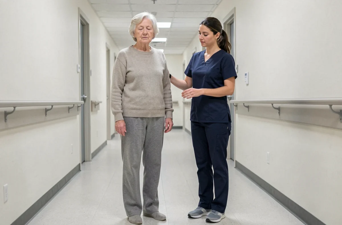 Patiente âgée réalisant un test d'équilibre dans un couloir de rééducation supervisée par une physiothérapeute
