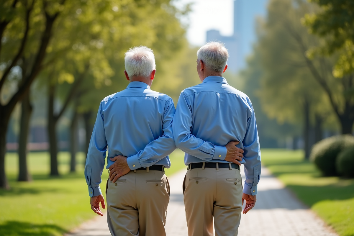 Pere et fils marchant dans un parc paisible