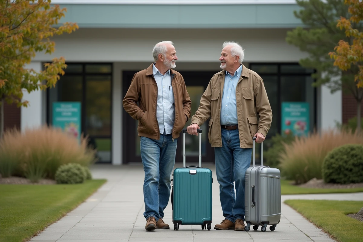 Fils et père devant une maison de soin moderne avec valise