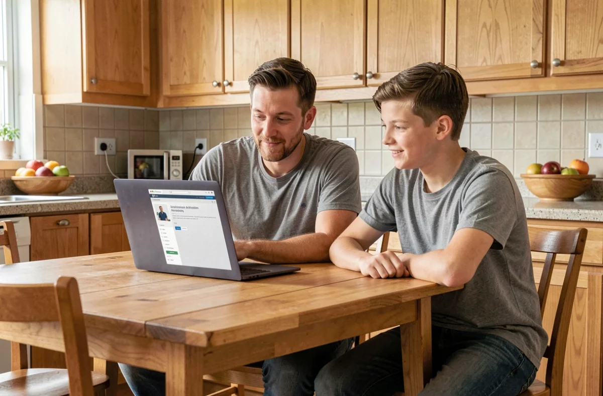 Un père et son fils adolescent consultent le portail Scolinfo pour les nouvelles modalités du chèque vacances 2026