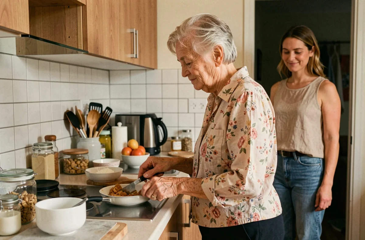 Une femme âgée semi-autonome prépare un repas dans sa cuisine pendant qu'une proche surveille discrètement, représentant un niveau GIR intermédiaire