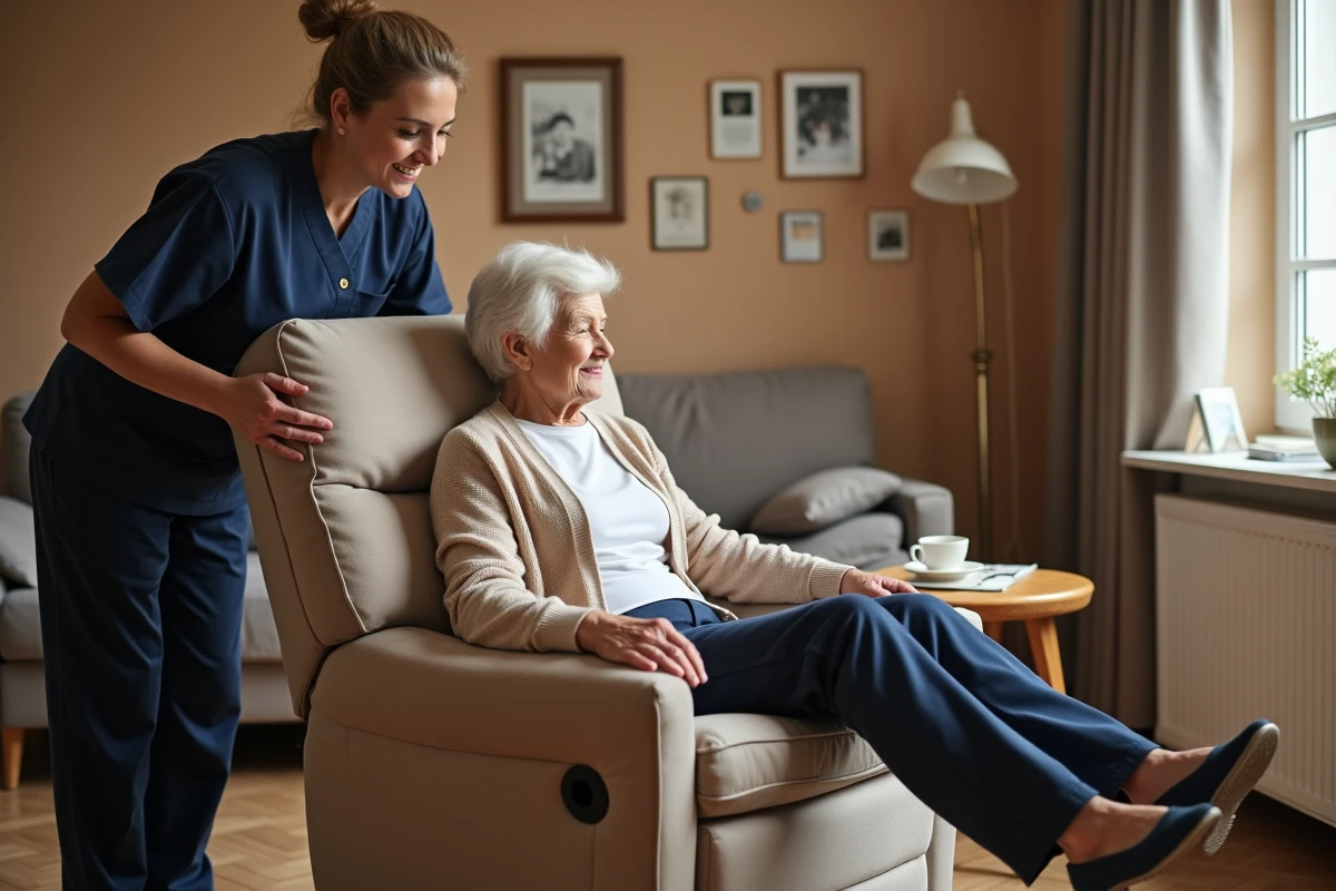 Personne âgée utilisant un fauteuil releveur à domicile avec l'aide d'une ergothérapeute dans le cadre d'un remboursement Sécurité sociale