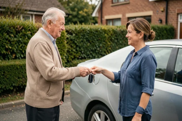 Personne âgée remettant les clés de sa voiture à un proche après un retrait de permis de conduire