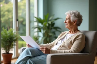 Femme agee en salon medical avec papiers