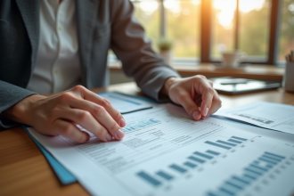 Personne triant des documents financiers dans un bureau moderne