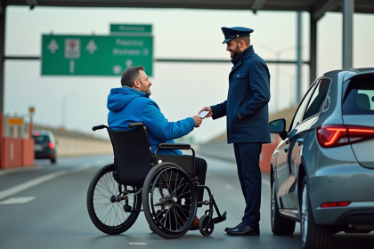 Homme en fauteuil roulant payant un péage autoroute