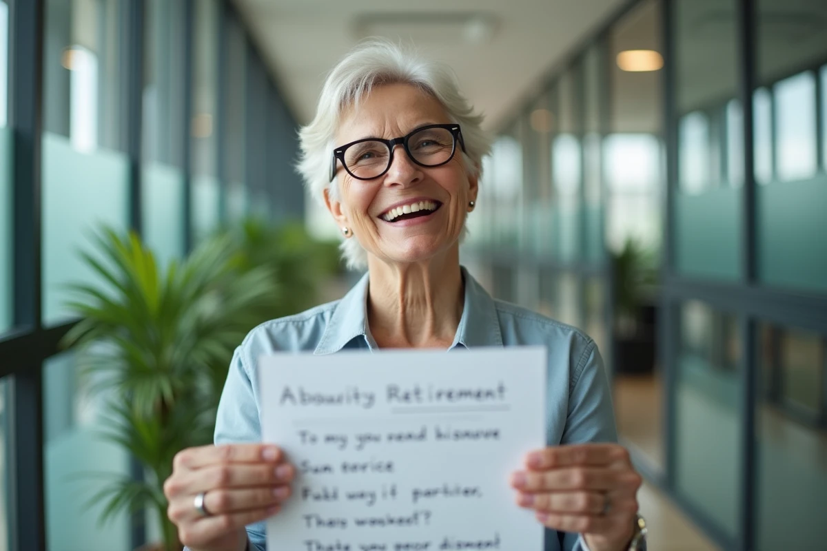 Portrait d'une femme souriante tenant une feuille de paroles de chanson humoristique pour la retraite au bureau