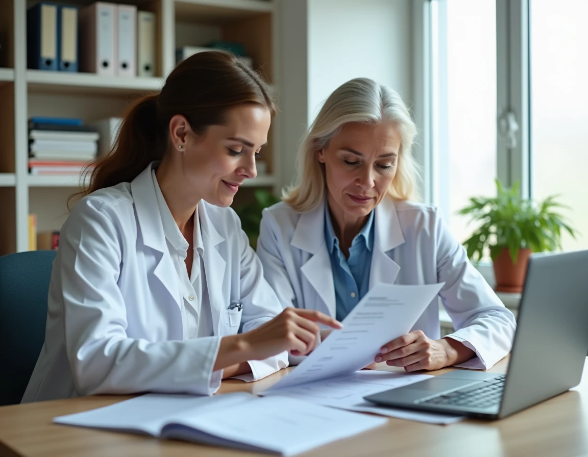 Deux professionnelles de santé en EHPAD consultant des documents de conformité tracabilité soins 2026